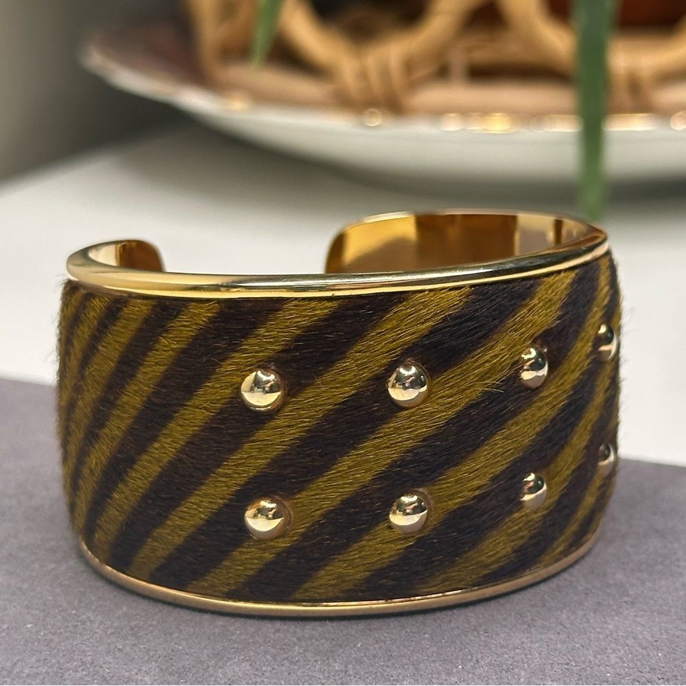 Tod’s Tiger Stripe Pony Hair Cuff Bracelet | Gold Studded Statement Bangle